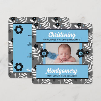 Invitación Christening de Bebé Floral Azul con Foto