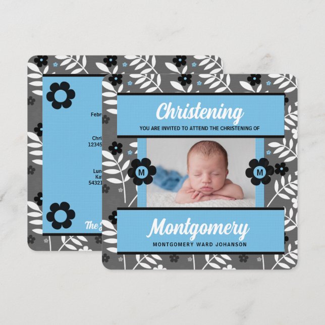 Invitación Christening de Bebé Floral Azul con Foto (Anverso / Reverso)