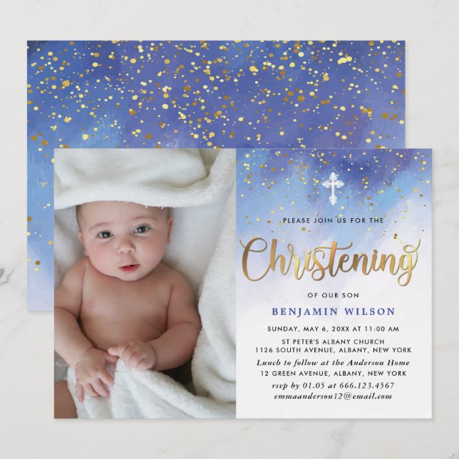 Invitación Christening de Blue & Gold Watercolor Boy (Anverso / Reverso)