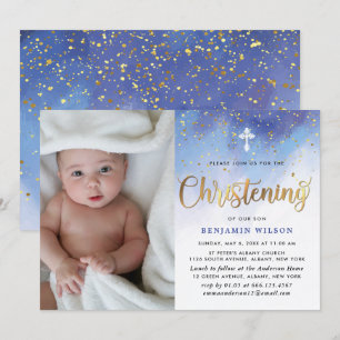 Invitación Christening de Blue & Gold Watercolor Boy