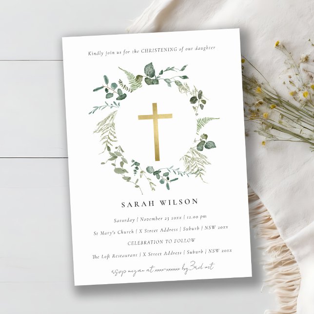 Invitación Christening de la cruz de oro del eucalipto botáni (Subido por el creador)