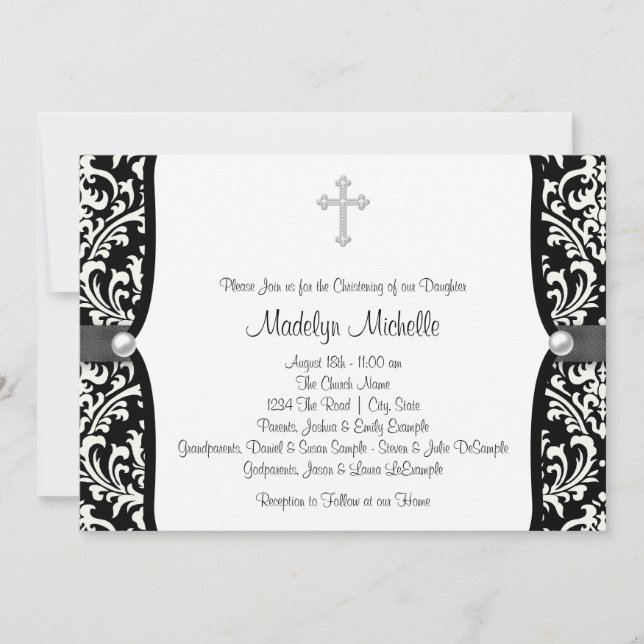 Invitación Christening de Pearl Cross White y Black Damask (Anverso)