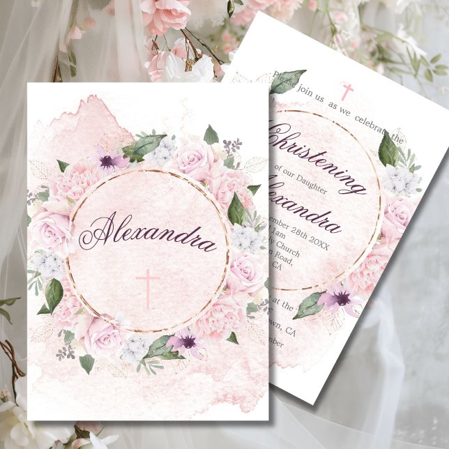 Invitación Christening Floral Rosa Wreath (Subido por el creador)