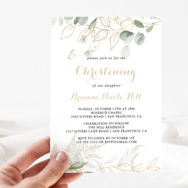 Invitación Christening Gold Foliage Calligraphy (Subido por el creador)