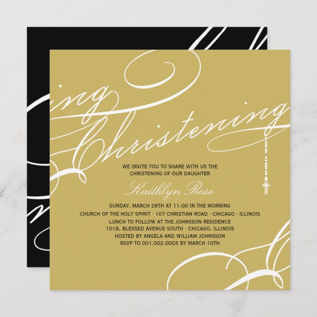 Invitación Christening Moderno Cross Gold Religioso (Anverso / Reverso)