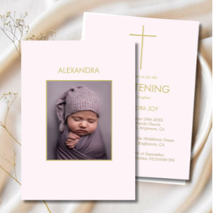 Invitación Christening Photo Pink Gold Chicas Religiosos