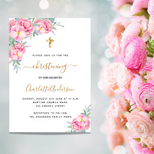 Invitación Christening pink florals rose gold girl