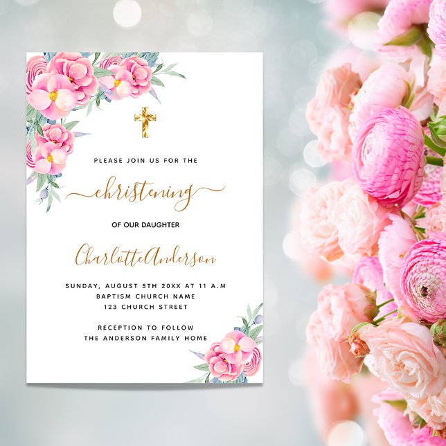Invitación Christening pink florals rose gold girl (Subido por el creador)