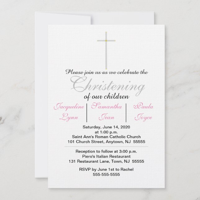 Invitación Christening Pink Triplets (Anverso)