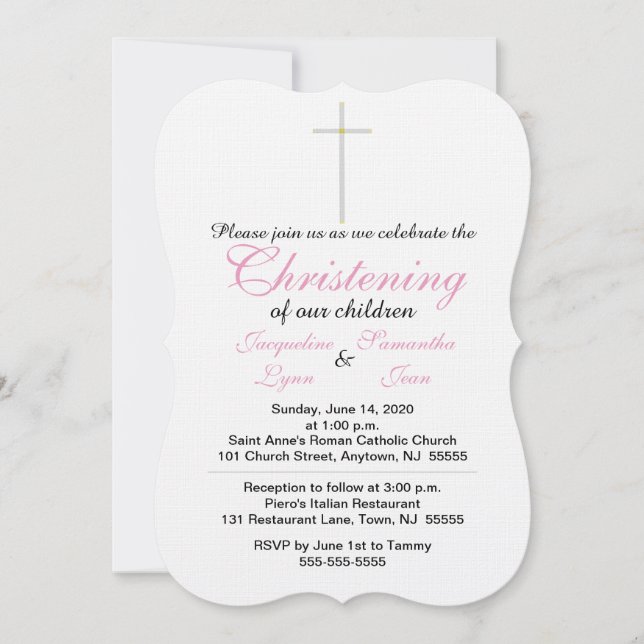 Invitación Christening Pink Twins (Anverso)