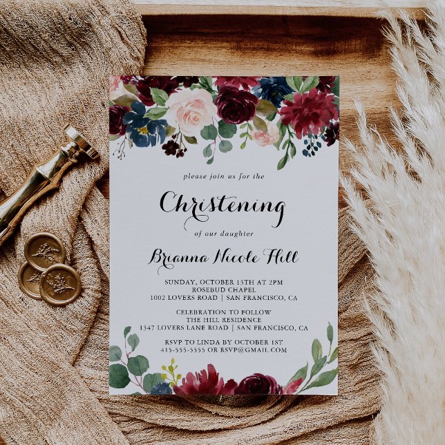 Invitación Christening Rustic Burgundy Calligraphy (Subido por el creador)