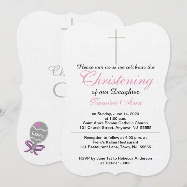 Invitación Christening Silver Cross Daughter Pink Rattle (Anverso / Reverso)