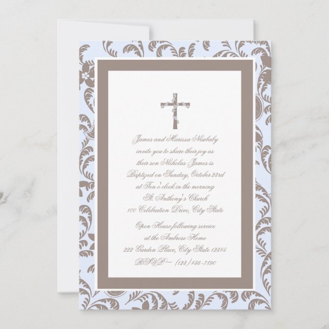 Invitación Christening Soft Blue y Brown Paisley (Anverso)