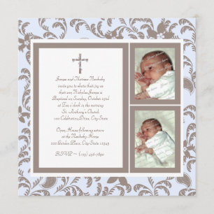 Invitación Christening Soft Blue y Brown Paisley Photo
