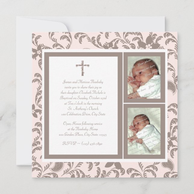 Invitación Christening Soft Pink and Brown Paisley Photo (Anverso)