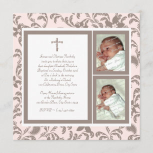 Invitación Christening Soft Pink and Brown Paisley Photo