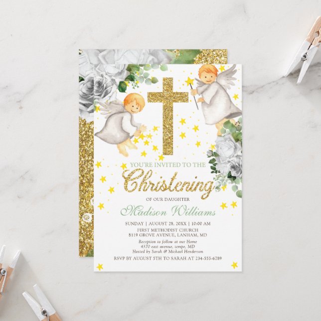 Invitación Christening Watercolor Angels Gold Purpurina (Anverso/Reverso In Situ)