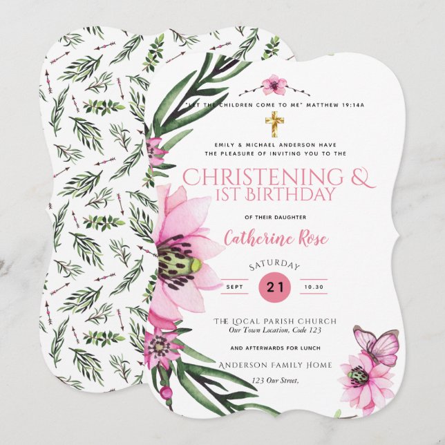 Invitación Christening y los Chicas del primer cumpleaños Pin (Anverso / Reverso)