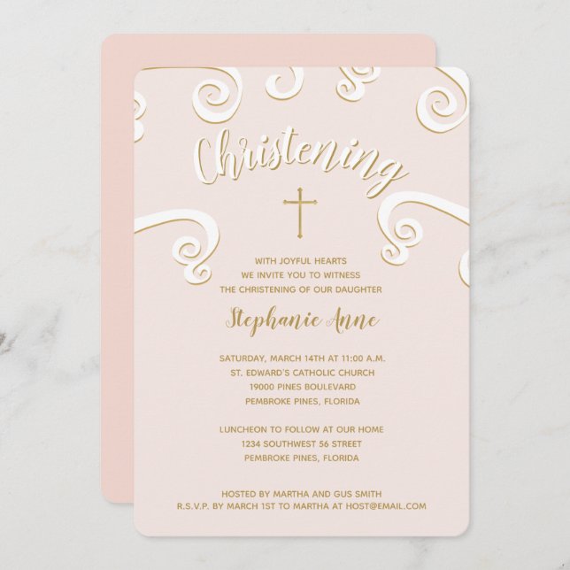 Invitación ChristeningScrolls en rosa y oro (Anverso / Reverso)