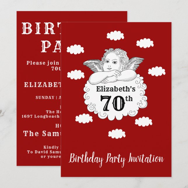 Invitación Christian Cherub Angel Feliz 70 cumpleaños Red (Anverso / Reverso)