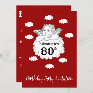 Invitación Christian Cherub Angel Feliz 80 cumpleaños rojo