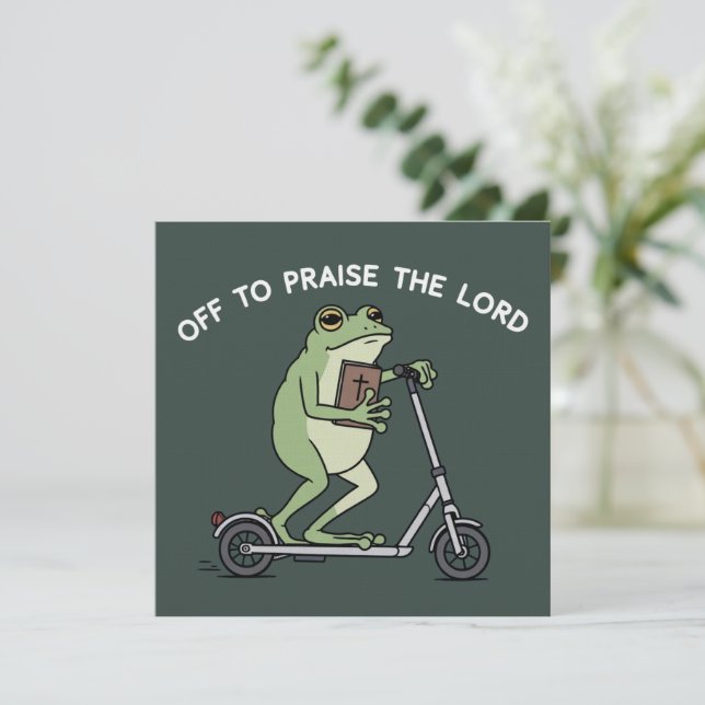 Invitación Christian Funny Frog Off To Praise The Lord Bible  (Anverso de pie)
