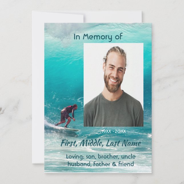 Invitación Christian  Memorial  Service Wave Surfer Water (Anverso)