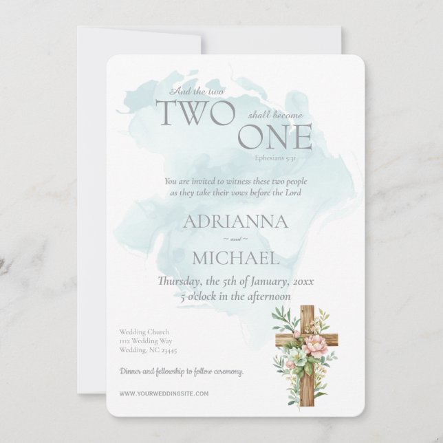 Invitación Christian Two Become One Watercolor (Anverso)