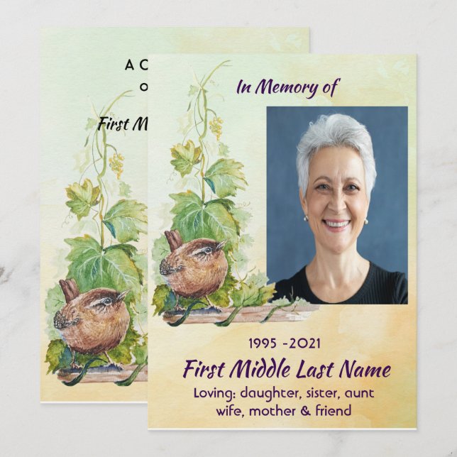 Invitación Christian Wren Bird Vineyard Celebration of Life (Anverso / Reverso)