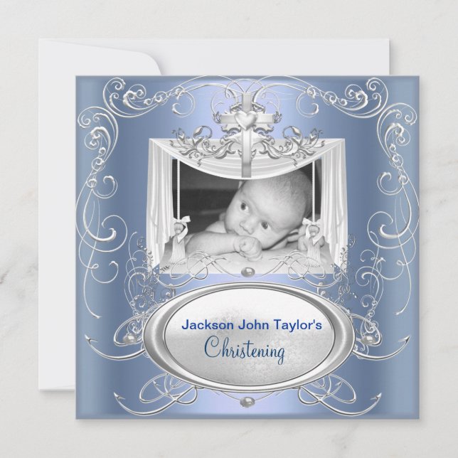 Invitación Christine Baptism Baby Boy Silver Cruz Azul (Anverso)