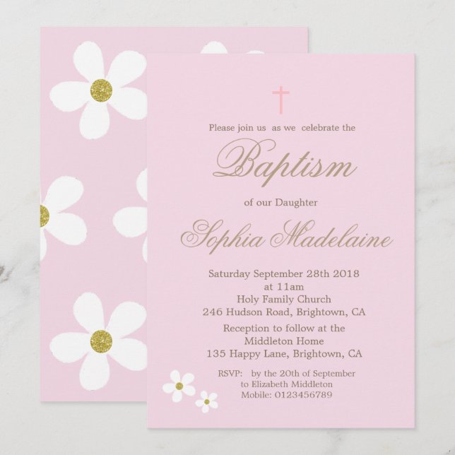 Invitación Christine Baptism Pink Floral Chica Gold (Anverso / Reverso)