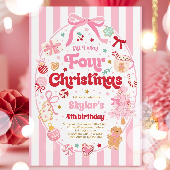 Invitación Christmas 4th Birthday Party Coquette Bow Birthday (Subido por el creador)
