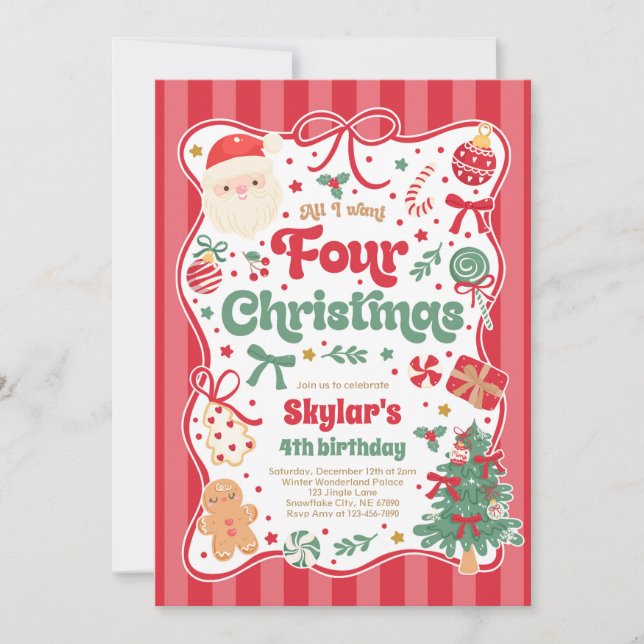 Invitación Christmas 4th Birthday Party Coquette Bow Birthday (Anverso)