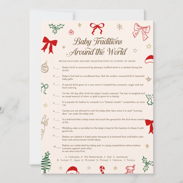 Invitación Christmas Baby Shower Baby Traditions Game Card (Anverso)