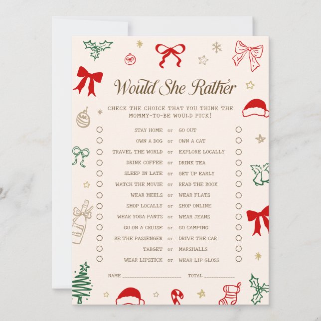 Invitación Christmas Baby Shower Would She Rather Game Card (Anverso)