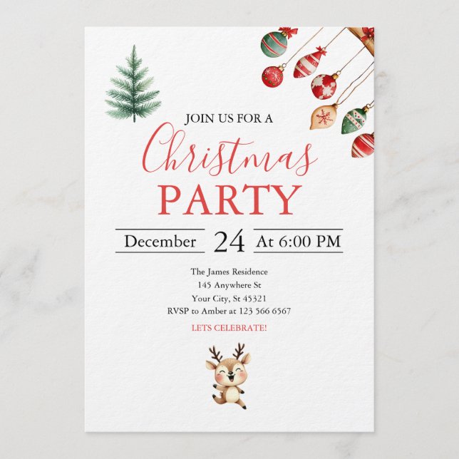 Invitación Christmas Balls and Cheerful Baby Reindeer (Anverso)