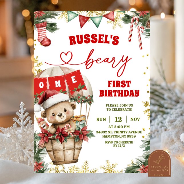 Invitación Christmas Bear Air Balloon First Birthday (Subido por el creador)