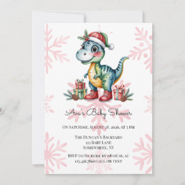Invitación Christmas Blue Dino and Presents Boy Baby Shower