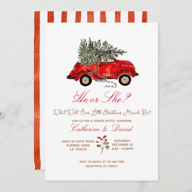 Invitación Christmas Car and Tree Gender Reveal Invitation (Anverso / Reverso)