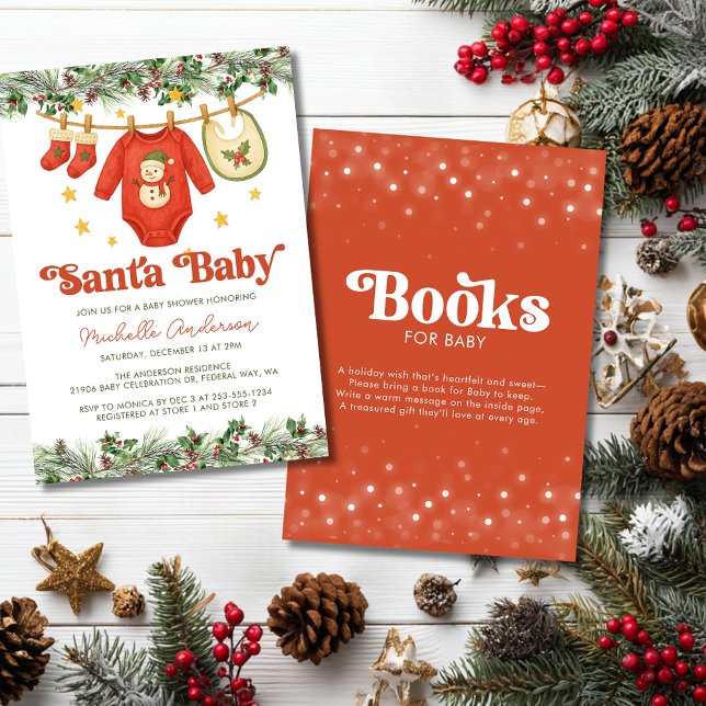 Invitación Christmas Clothesline Baby Shower and Book Request (Christmas Clothesline Baby Shower and Book Request Invitation)