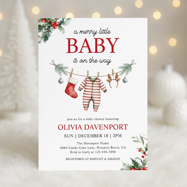 Invitación Christmas Clothesline Merry Little Baby Shower (Subido por el creador)