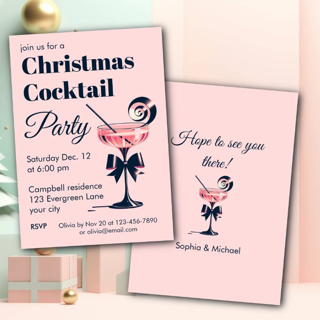 Invitación Christmas Cocktail Party Pink And Black Elegant (Subido por el creador)