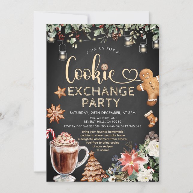 Invitación Christmas Cookie Hot Cocoa Exchange Party Floral (Anverso)