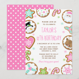 Invitación Christmas Cookies Birthday Party Pink and Green