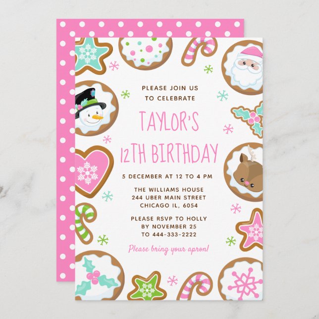 Invitación Christmas Cookies Birthday Party Pink and Green (Anverso / Reverso)