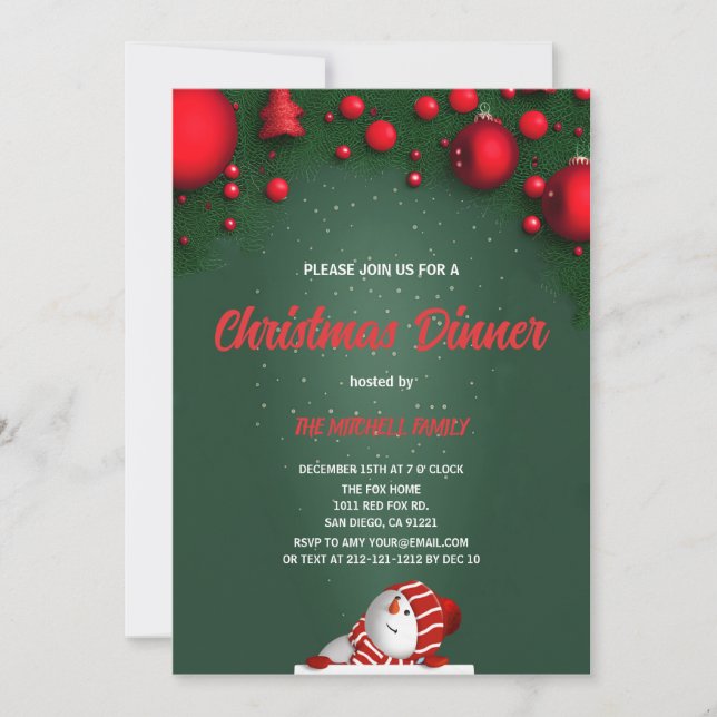 Invitación Christmas Dinner green Pine Red Berry  (Anverso)