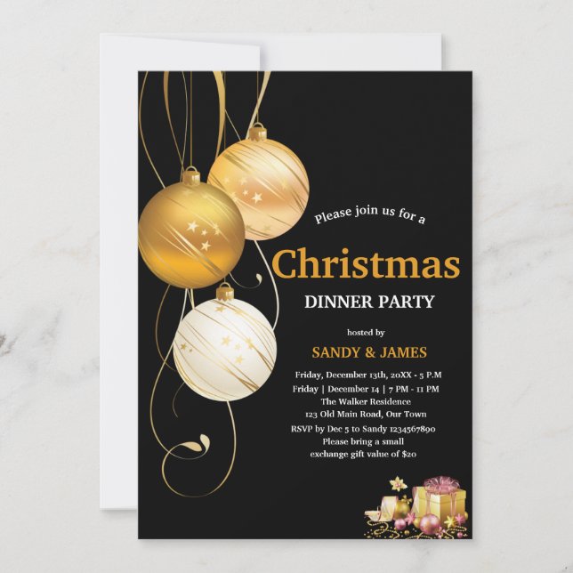 Invitación christmas dinner party black and gold baubles  (Anverso)