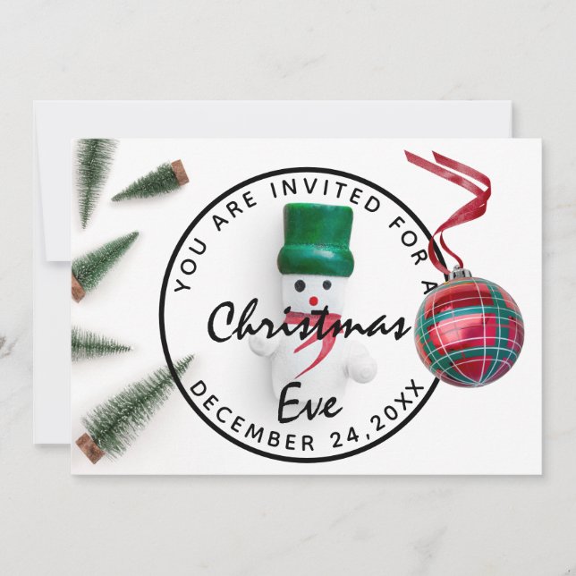 Invitación Christmas Eve Holiday Dinner White Green Snowman (Anverso)
