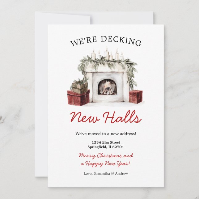 Invitación Christmas Fireplace Decking New Halls New Address (Anverso)