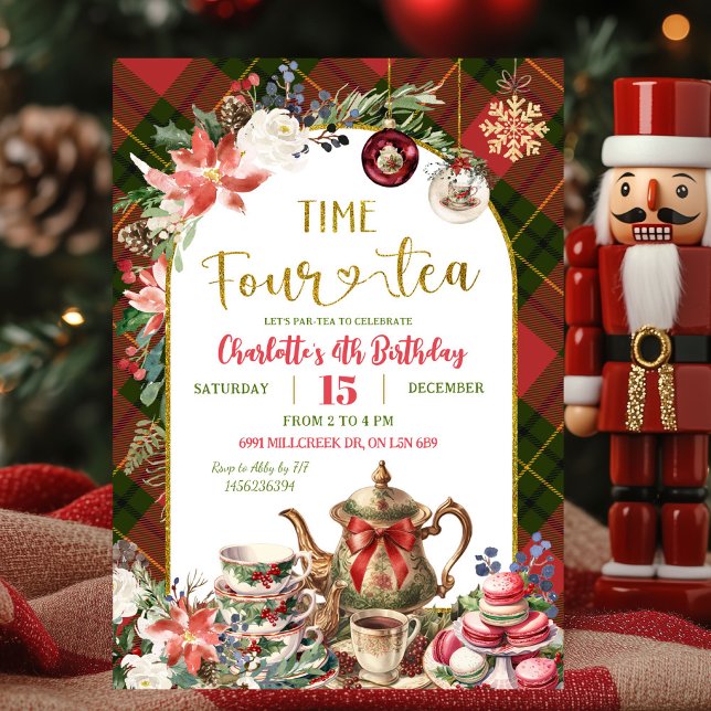 Invitación Christmas Gingham Time Four Tea 4th Birthday (Subido por el creador)